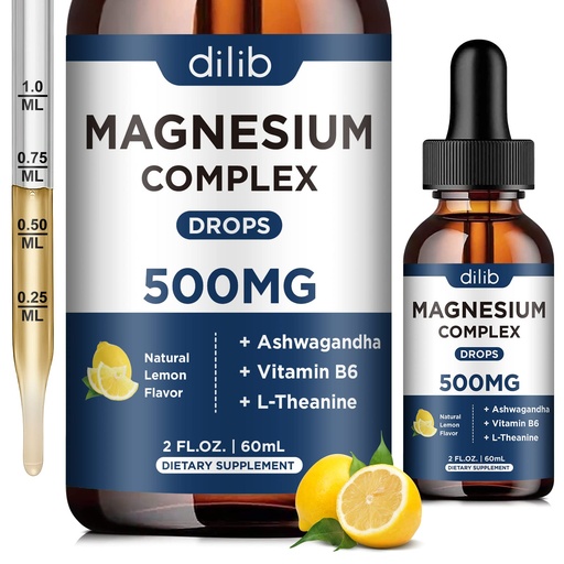 [BRSROYAQPIAQAHIZ] Magnesium Glycinate Liquid Drops, Triple Magnesium Complex Supplement with Citrate, Malate 500mg Ashwagandha, L-Theanine, Vitamin B6 for Sleep, Calm, Stress Relief, Bone, Muscle, Mood - Lemon Flavor