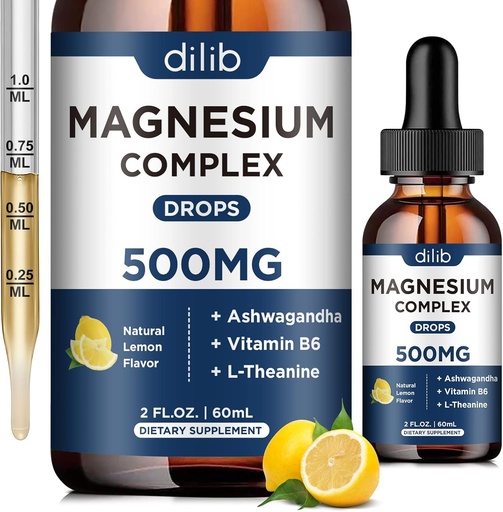 [BRSROYAQPIAQAHIZ] Suplemento de Magnesio Glycinate Líquido, Complejo de Magnesio Triple con Citrato, Malate 500mg Ashwagandha, L-Theanine, Vitamina B6 para el sueño, calma, alivio de estrés, hueso, musculo, mood - sabor limón