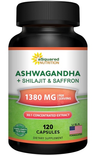 [BRSRECAFCIPR63LJ] aSquared Nutrition Ashwagandha Supplements for Men & Women + Shilajit & Saffron - 120 Capsules - Pure Root Powder Complex - Pills Alternative to Gummies & Drops