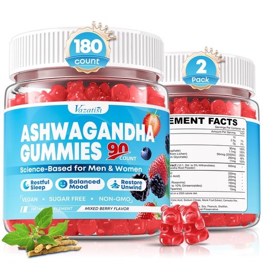 [BRSRGYAFCJ5WYFDU] 180 Count Ashwagandha Gummies with L-Theanine, GABA, Magnesium & Vitamin D3, Organic Ashwagandha Supplements for Women & Men for Relaxation & M00d Balance, Vegan, Sugar Free, Mixed Berry Flavor