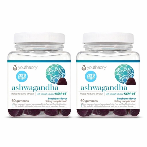 [BRSRECY3AV5R6YA2] Youtheory Ashwagandha - Vegetarian Energy & Stress Support Supplement with Organic KSM-66 & Ginger Extract - Zero Sugar - Blueberry, 60 Gummies, Pack of 2 (60-Day Supply)