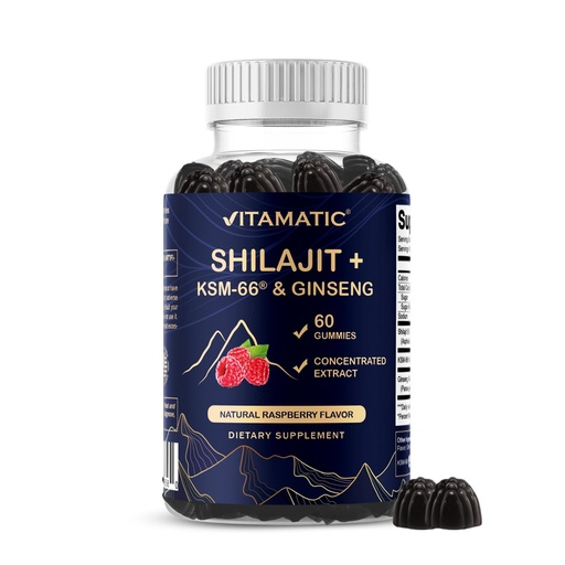 [BRSREGAEAQHRECD5] Vitamatic Shilajit with KSM-66® Ashwagandha & Ginseng Extract Gummies – Natural Raspberry Flavor – 60 Vegan Gummies - Made in USA