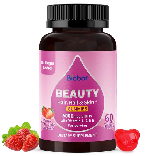 [BRSRAAAKOVYRM2T2] Biobor Natural 6000mcg Biotin Gummies No Sugar Added, Hair Skin and Nails Beauty Gummies with Vitamins A C E for Women Men, GMO Free, Gluten Free
