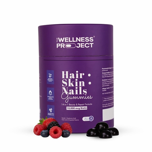 [BRSREAICDMFWOCYZ] The Wellness Project 14-in-1 Hair, Skin & Nails Gummies with 10,000 mcg Biotin, Keratin, Hyaluronic & Folic Acid, Vitamins A, B5, B6 & B12 & Sea Buckthorn | for Women & Men | Tasty Mixed Berry Flavor