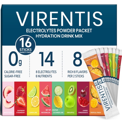 [BRSREHD2DMARO33K] 16 Sticks Electrolytes Powder Packets Sugar Free Hydration Packets, 8 Flavors Liquid Daily IV Electrolyte Drink Mix for Rehydration with 8 Electrolytes & 6 Vitamins, 0 Calorie, Low Sodium