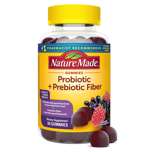[BRSRABAKO5YROD3L] Nature Made Probiotic + Prebiotic Fiber Gummies for Daily Gut Health, Fiber Supplement with Probiotics for Digestive Health Support, 50 Gummies, 25 Day Supply