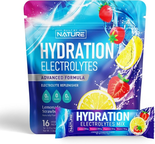 [BRSROHYQAAMRQHT4] Electrolytes Powder Hydration Packets – Recovery Drink Mix with Sodium, Potassium, Magnesium, Calcium, Vitamin C & Zinc – Sugar Free, Keto, Non GMO & Vegan – Strawberry Lemonade – 16 Sticks