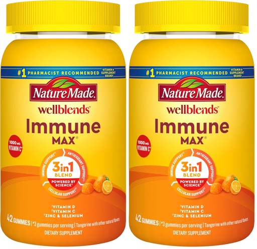 [BRSRGGQKDEGW2ETH] Nature Made Wellblends ImmuneMAX Gummies,Vitamin C,Zinc,and Vitamin D3,Immune Support Supplement,42 Tangerine Flavor Gummies,(Pack of 2)