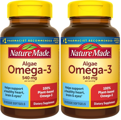 [BRSRGGQKCMFBGCDB] Nature Made Algae Oil Omega 3 Supplement 540mg, Omega 3 Fish Oil Alternative, 70 Veggie Softgels, Sustainable, Plant-Based, for Healthy Heart, Brain, and Eye Support, 70 Softgels,(Pack of 2)