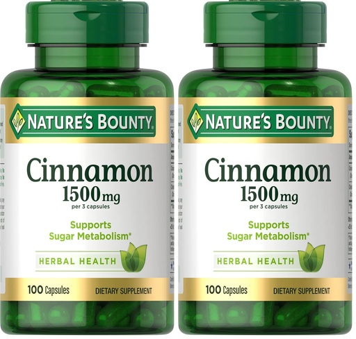 [BRSRACAZOUFAYET7] Nature's Bounty Cinnamon Capsules, Herbal Supplement, Supports Sugar Metabolism, 1500mg, 100 Capsules (Pack of 2)