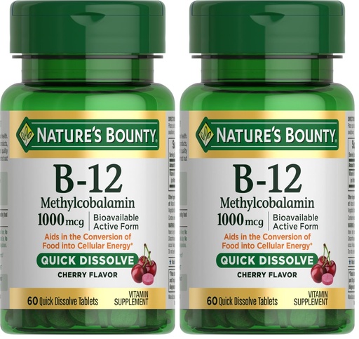 [BRSREBD5ARYWKCA2] Nature's Bounty Vitamin B-12 Quick Dissolve Tablets,1000mcg,Aids in the Conversion of Food into Cellular Energy,Cherry Flavor,60ct,(Pack of 2)