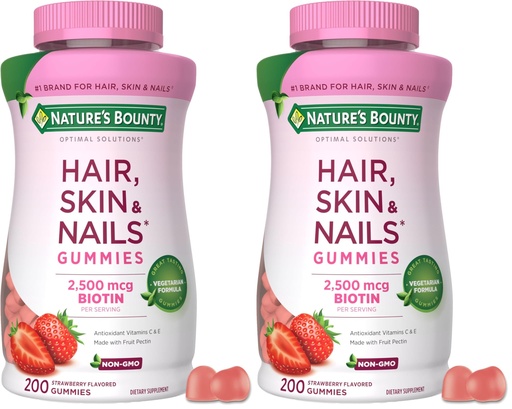 [BRSREBD5CAPQA232] Nature's Bounty Optimal Solutions Hair, Skin and Nails Pectin Gummies, 2500 mcg Biotin Per Serving, No Stick Gummy, Vegetarian Formula, Strawberry Flavor, 200 Count, 100 Total Servings (Pack of 2)