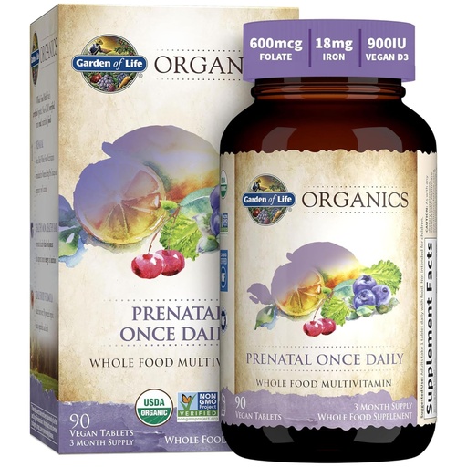 [BRSWKZAGPIARCFTM] Garden of Life Prenatal Vitamins for Women, Organics Folate for Energy & Healthy Fetal Development, Non-constipating Iron, Vitamin C, B6, B12, D3, Non-GMO, Gluten-Free, Vegan, 90 Day Supply