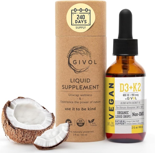 [BRSWY2YNBUMWCC3D] Vitamin D3 + K2 Liquid Drops (MK4 & MK7) Organic Fractionated Coconut Oil, Plant-Based, Gluten-Free, Dairy-Free, Soy-Free, Nut-Free - High Potency, härrör från Lichen & Natto, 2oz 240 Days Supply