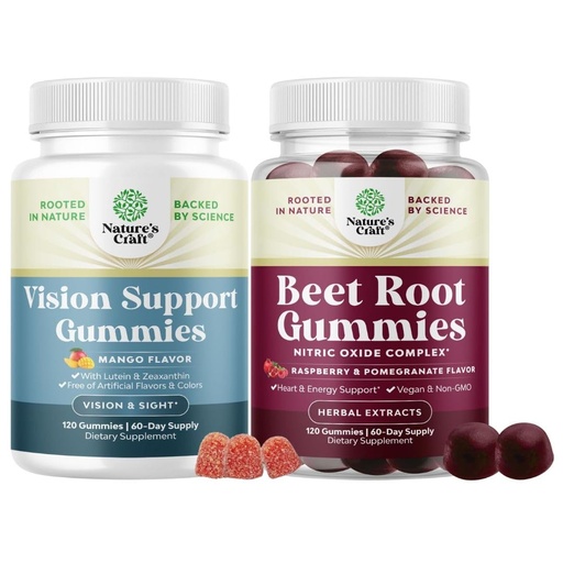 [BRSRGBIDCUBRUAY3] Bundle of Vision Support Gummies for Adults - Lutein and Zeaxanthin Supplements for Eye Health and Flow Boosting Beet Root Gummies - Invigorating Beet Nitric Oxide Energy & Heart Health Support