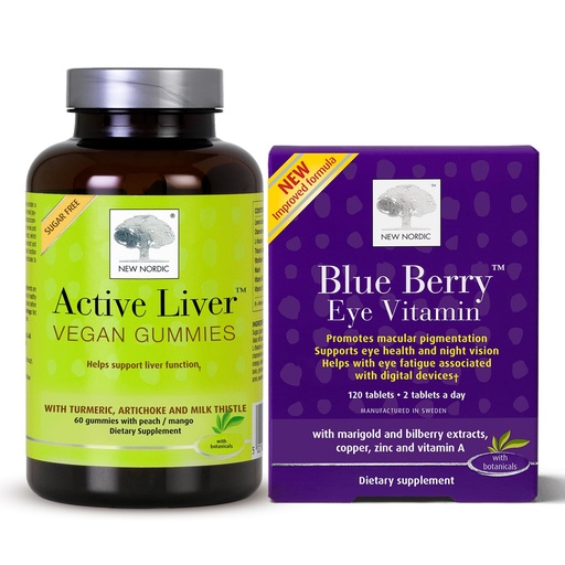 [BRSRAFAKOUCGM336] NEW NORDIC Eye & Liver Support Bundle, Blue Berry Eye Vitamin (Strong) 120s Plus Active Liver Gummies 60ct
