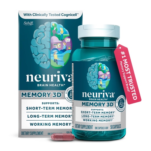 [BRSRABIOBMGREFYZ] NEURIVA Memory 3D Brain Supplement - Nootropic Capsules for Memory, Focus & Cognitive Function - Short Term, Long Term, & Working Memory Support - 50ct (1)