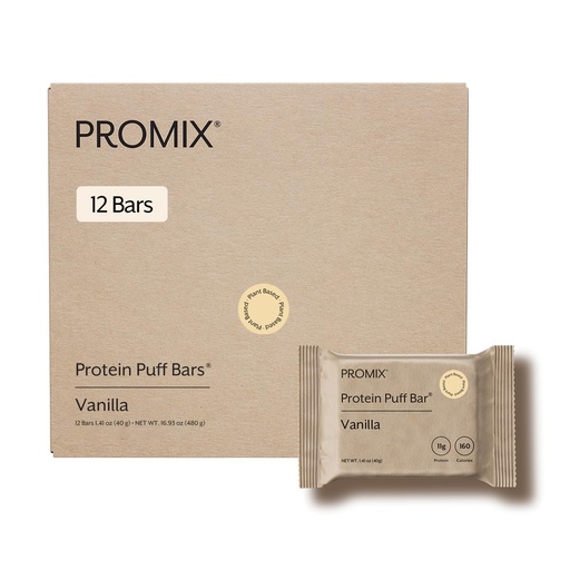 [BRSRMYYFDIOWGCQZ] ProMix Nutrition Protein Plant Based Puff Bars - French Vanilla - Marshmallow Crispy Treat - High Protein & Low Calorie - 12 Bars