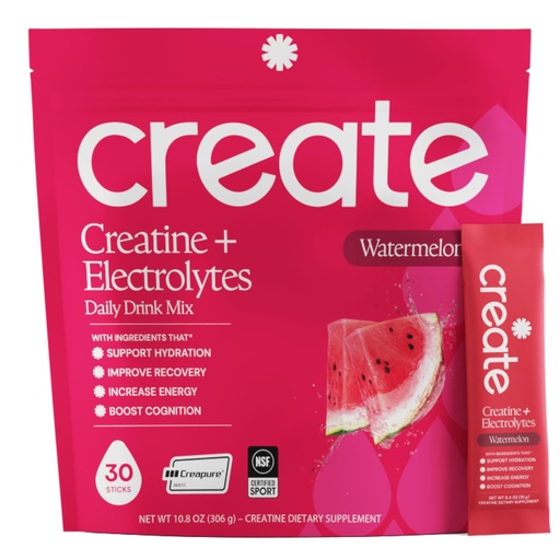 [BRSRGZQRA56R6ELK] Create Creatine + Electrolytes Mix - Creatine Monohydrate Stick Packs, Supports Energy and Hydration, NSF Certified for Sport, 30 Count, Watermelon