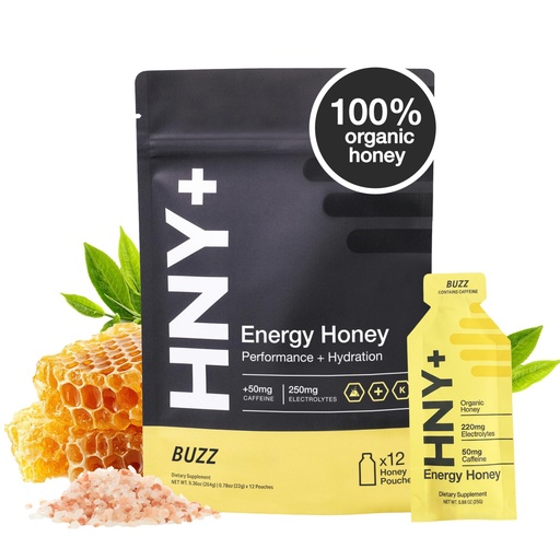 [BRSREFAZAQNAAETP] HNY+ Buzz Organic Honey Energy Gel with Electrolytes, Magnesium, Sea Salt, Potassium & Green Tea Caffeine, Workout Gels for Gym, Running & Hiking, Gluten Free & Vegan, 50mg Caffeine, 12 Pack
