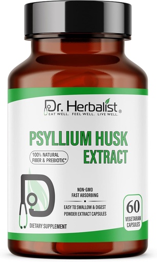 [BRSRAZQKAR5Q4AD5] Dr. HERBALIST Psyllium Husk Extract 1000mg par portion (Plantago Ovata Fiber Supplement)– 60 gélules – Absorption rapide, doux sur l'estomac, supporte la digestion et la fibre quotidienne.