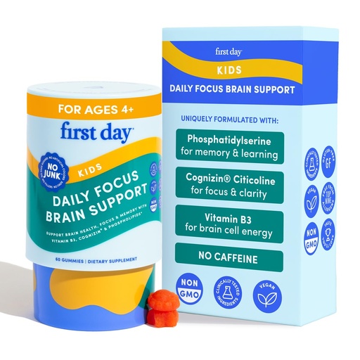[BRSREAIZO4BRGGTV] FIRST DAY Kids Focus & Brain Supplement Gummies Ages 4+ | Attention & Calm Support with Cognizin® Citicoline & Phosphatidylserine | Organic, Vegan | 30-Day Supply