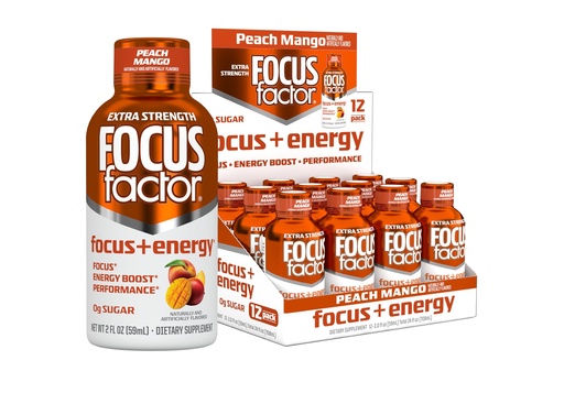 [BRSRGYAKDIHQOYL6] Focus Factor Extra Strength Focus + Energy Shots - 12 x 2oz Bottles (Peach Mango Flavor) - Powered by Nootropics with Caffeine, L-Theanine, Ginkgo, Bacopa, L-Tyrosine, Alpha GPC
