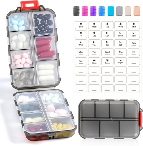 [BRSROAQNDIMQ4FLV] 14 GRIDS Travel Pill Organizer Box with Labels - Travel Medicine Case Kit - Pocket Daily Pharmacy Container - Travel Medication Holder Dispenser for Fish Oil Vitamin Supplement Storage - Clear Gray