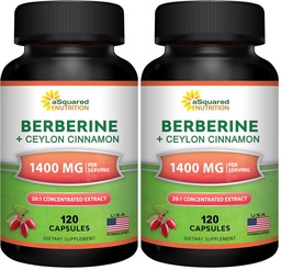 aSquared Nutrition Berberine with Ceylon Cinnamon Supplement - Max Strength Complex - 120 Capsules - Berberine HCl 1200mg Per Serving - Extract Plus Pills Alternative to Gummies & Drops (Pack of 2)