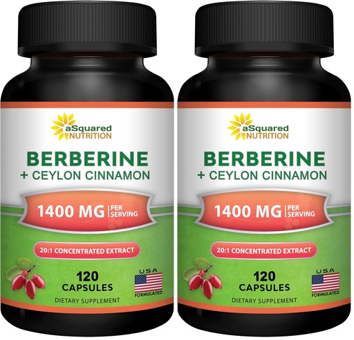 [BRSRGGQZCUJQYHLF] aSquared Nutrition Berberine with Ceylon Cinnamon Supplement - Max Strength Complex - 120 Capsules - Berberine HCl 1200mg Per Serving - Extract Plus Pills Alternative to Gummies & Drops (Pack of 2)
