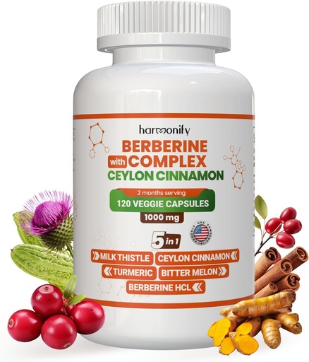 [BRSRAZA6DICR63DZ] Berberine Supplement with Ceylon Cinnamon, Milk Thistle, Turmeric, Bitter Melon Complex, 120 Capsules, 1000 mg, Vegan, Non-GMO