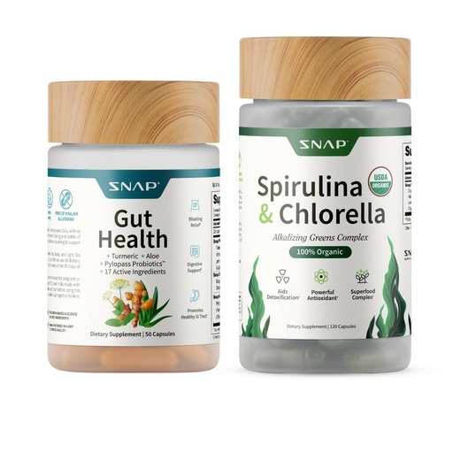 [BRSREZ34C4BBYG3P] Snap Supplements Gut Health Lipase Supplement & Organic Spirulina Chlorella Bundle–Probiotic + Greens–Supports Digestion, Detox, Energy & Immune Health, 50 + 120 Vegetarian Capsules (1 Month Supply)