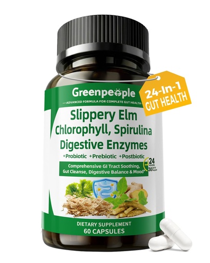 [BRSRGZITOYOR4HYV] GREENPEOPLE Digestive Enzymes for Women & Men - Gentle Gut Health & Cleanse Capsule with Slippery Elm, Chlorophyll, Spirulina, Probiotics Complex - Complete Sensitive Gut Supplement 60 Ct 30 Days Use