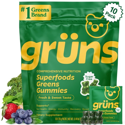 [BRSREEIYCV4GY2A2] Gruns Sugar-Free Super Greens Gummies, Multivitamin Superfood Gummy Bears, Spirulina, Chlorella, Prebiotics & Fiber gummies for Digestive Health, Adaptogens Supplement, 20 Vitamins & Minerals, 10 pack
