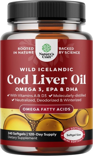 [BRSREGQ3BYPQE3TJ] Icelandic Wild Caught Cod Liver Oil Softgels - Fish Omega 3, EPA, DHA, Vitamin D & A, 1000mg Per Serving - Burpless Capsules for Healthy Heart, Healthy Joints, Brain & Immune Support - 240 Count
