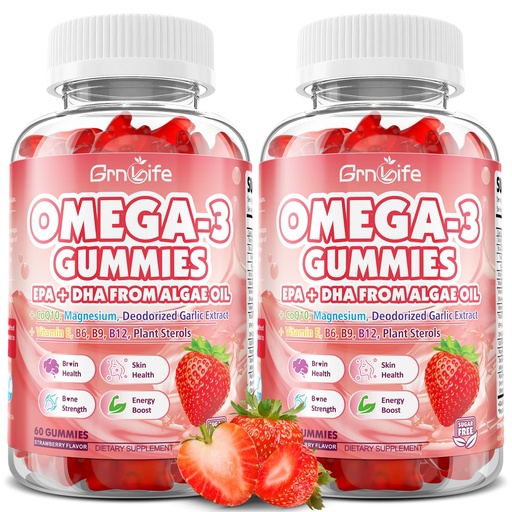 [BRSREBL5DIMB6HLH] 2 Pack Vegan Omega 3 Gummies 1000mg+CoQ10+Magnesium - w/Algae EPA 600mg & DHA 400mg, Fish Oil Omega-3 Supplements Alternative for Adults, for Brain, Eye, Immune Health, Strawberry Flavor, 120 Count