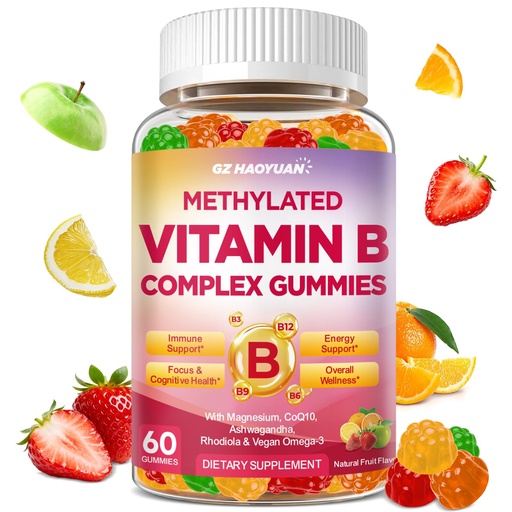 [BRSRGAYNO4PGMC32] Methylated Vitamin B Complex Gummies for Women & Men with Vitamin B1, B2, B3, B5, B6, B7, B9, B12 & Magnesium, Omega-3, CoQ10, Supports Brain Health, Energy, Immune, Sugar Free, Fruit Flavor, 60ct