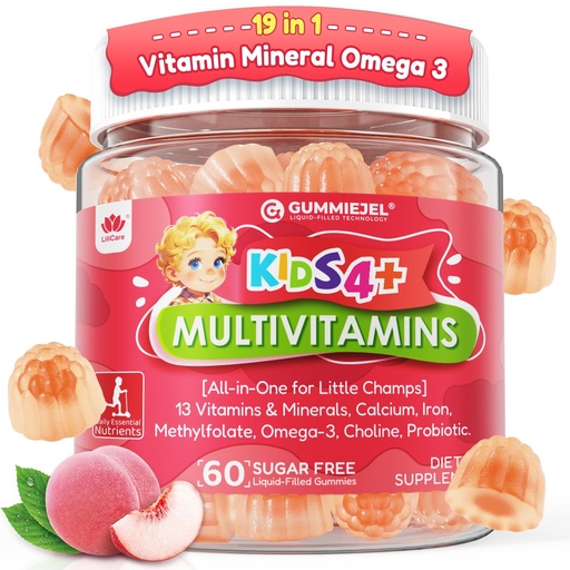 [BRSRGEIEOQGQI3D4] Kids Multivitamin Gummies + Omega 3(DHA/EPA), Methylated Multivitamin for Kids + Iron, Choline, Probiotic, Vitamins A C D3 K2 E, Methylfolate, B6, B12 for Growth, Immune, Bone, Brain, No Sugar, 60 Cts