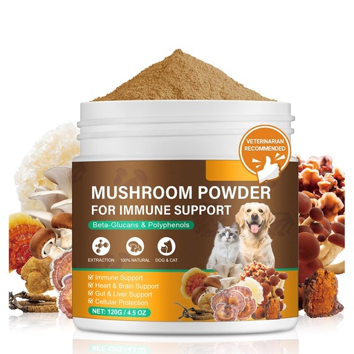 [BRSREFQOBEBBEYA6] Mushroom Supplement Powder for Dogs & Cats, 11 Beneficial Mushroom Complex for Immune Support, Cellular Protection, Heart & Brain Health Lion's Mane, Reishi & Turkey Tail, Bacon Flavor - 120g
