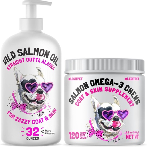 [BRSRAGQQCMIBOCTF] Skin, Coat & Brain Support System for Dogs Wild Alaskan Salmon Oil 32 oz + Omega-3 Soft Chews (120 ct) Complete Daily Omega Routine for Healthy Skin, Shiny Coat & Cognitive Support