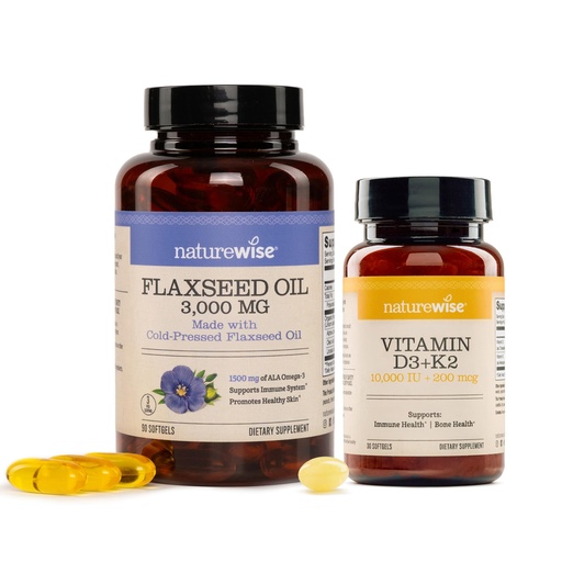 [BRSREFAPOQFGGH3J] NatureWise [1] Flaxseed Oil 3000 mg - 1500 mg ALA, Organic - 90 Softgels[30-Day Supply] + [1] Vitamin D3 10,000 IU + K2 (MK7) - Non-GMO - 30 Mini Softgels[30-Day Supply]