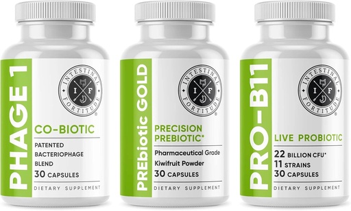 [BRSW2CQQOYFA22TX] Intestinal Fortitude Gut Health Supplement Bundle - PREbiotic Gold, PRO-B11, Phage 1 - w/Gold Kiwifruit Pectin, SCFAs, and 22 Billion CFU for Microbiome Support, Gluten, Soy, & Dairy-Free Capsules