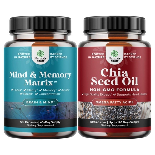 [BRSRGBIDDEDQYDLK] Bundle of Nootropic Brain Supplement for Memory and Focus Enhancement - Cognitive Complex for Mind Vitality and Chia Seed Oil Extract Capsules Plant Based Omega 3 6 9 Supplement for Digestive Support