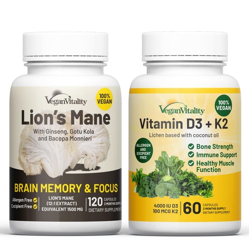 [BRSROGI6OUMW2GY4] Vegan Vitality Brain & Body Balance Bundle: 120 Lions Mane Mushroom Nootropic Brain Support Supplement and 60 Vegan Vitamin D3 + K2 4000IU (100mcg)
