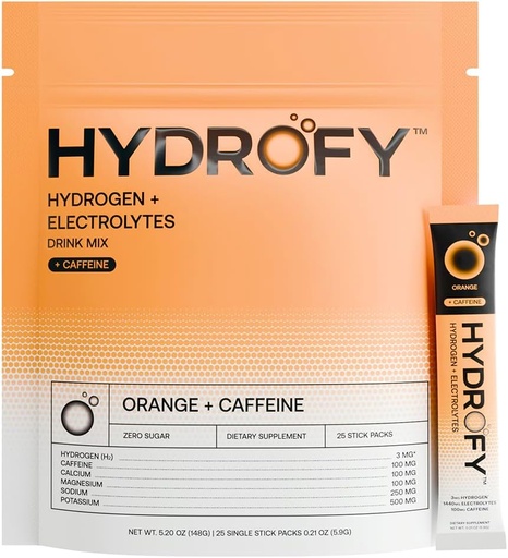 [BRSRAATYCN5QACLG] Hydrofy Hydrogen Water + Electrolytes Drink Mix | H2 Hydration Packets with Molecular Hydrogen, Sodium, Potassium, Magnesium, Calcium, and Minerals | No Sugar | Orange + Caffeine 25 ct