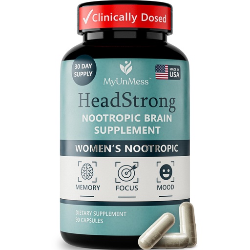 [BRSREGQLCQIBSDIU] HeadStrong Nootropic Brain Supplement for Women, Brain Fog Relief & Mental Clarity, Lion's Mane, Ashwagandha, L-Theanine, Memory, Focus & Mood Support for Perimenopause & Midlife, 90 Capsules