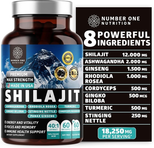 [BRSRAFQ2DEIWK3DJ] Pure Himàlaia Shlajit per a Dones i homes [50% Fulvic] Millor que Resin amb Ashwagandha, Gingko Biloba, Sting Nettle, Corps per donar suport a l'Energia i Immunity, 60Caps