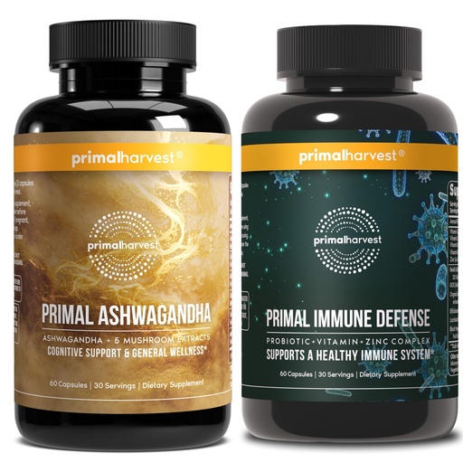 [BRSRGAIBOEPBSC3K] Primal Harvest Daily Two-Step Routine | Ashwagandha + Immune Defense | 2 Pack | 30 Day Supply