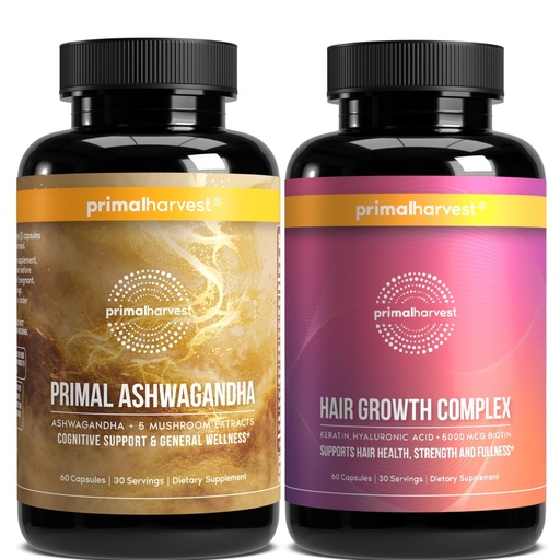 [BRSRGAIBOAMBSHQV] Primal Harvest Daily Two-Step Routine | Ashwagandha + Hair | 2 Pack | 30 Day Supply