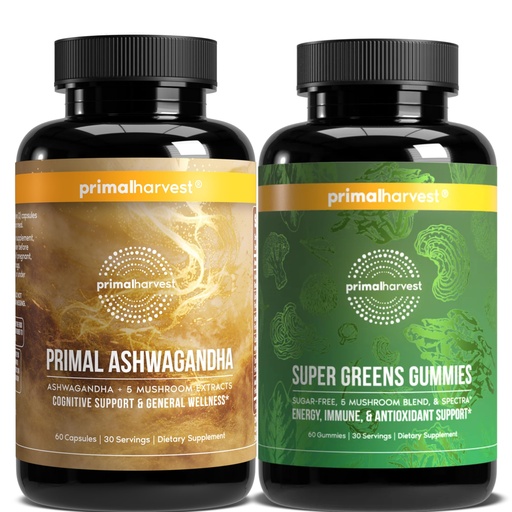 [BRSRGAA6CMBQMDQZ] Primal Harvest Daily Two-Step Routine | Ashwagandha + Greens Gummies | 2 Pack | 30 Day Supply